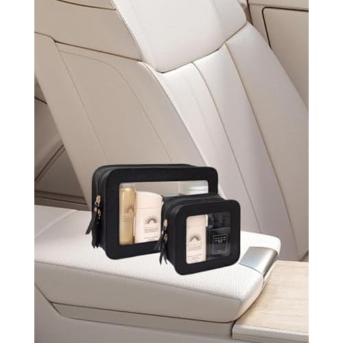 2 Pcs Travel Clear Makeup Bag Set, Clear Black Makeup Organizer with Zipper Leather Travel Bags for Toiletries Small Cosmetic Bags for Women Mini Make up Pouch Toiletry Bags Car Essentials