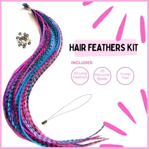 Feather Hair Extensions Kit - Pink, Purple & Turquoise 9-12" with Beads