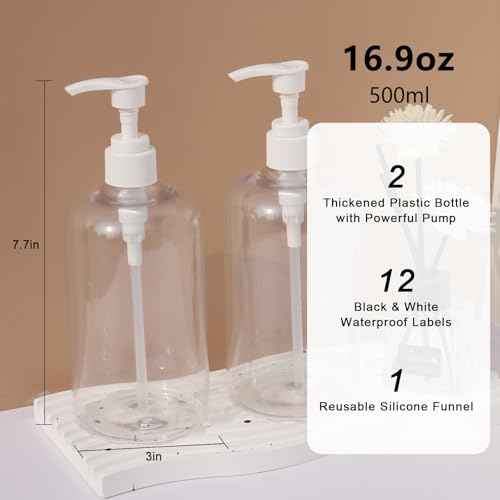 Soap Dispenser with Waterproof Labels, Thickened Plastic Hand Soap Dispenser for Bathroom, Kitchen Dish Washing Liquid Bottles, Shampoo and Conditioner Bottles (16.9 oz, Set of 2, Clear)