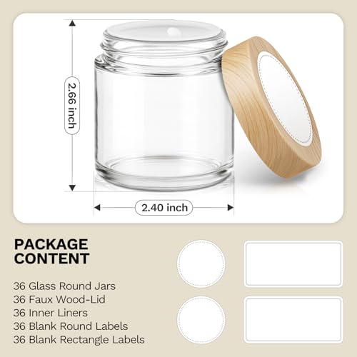 Bumobum 36-Pack 4 oz Glass Jars with Woodgrain Lids - Refillable Containers for Creams & Powders