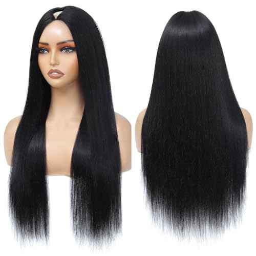 V Part Wigs Human Hair Straight Minimal/No Leave Out Upgrade U Part Wig for Black Women Clip in Half Wig 200% Density No Lace No Glue No Sew Natural Black 18 Inch