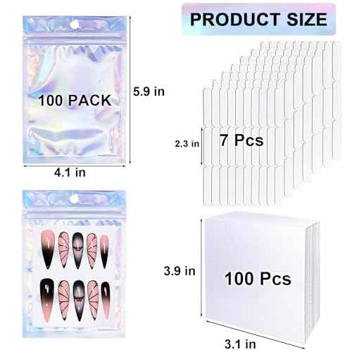 100 PCS Press On Nails Packaging Bag Holographic Nail Storage Bag and 100PCS Shiny White Pearl Card with 7 Sheets Pre-cut Nail Tape (Laser)