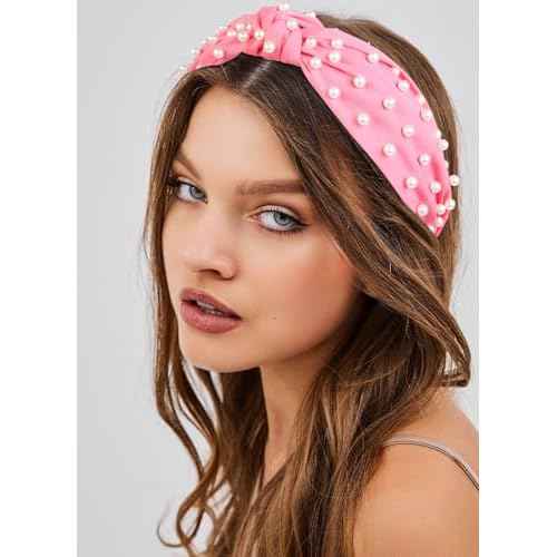 Huachi Hot Pink Headbands for Women Girls, 4 Packs Cute Flower Printed Knotted Head Bands for Women¡¯ s Hair, Non Slip Fashion Wide Top Knot Womens Hairbands, Girls Pink Trendy Stuff Hair Accessories