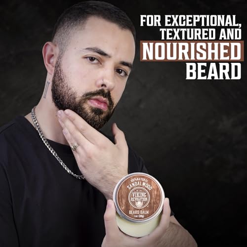 Viking Revolution 4 Beard Balm Variety Pack (1oz Each) - Sandalwood, Pine & Cedar, Bay Rum, Clary Sage - Styles, Strengthens and Softens Beards and Mustaches - Wax for Men (Pack of 2)
