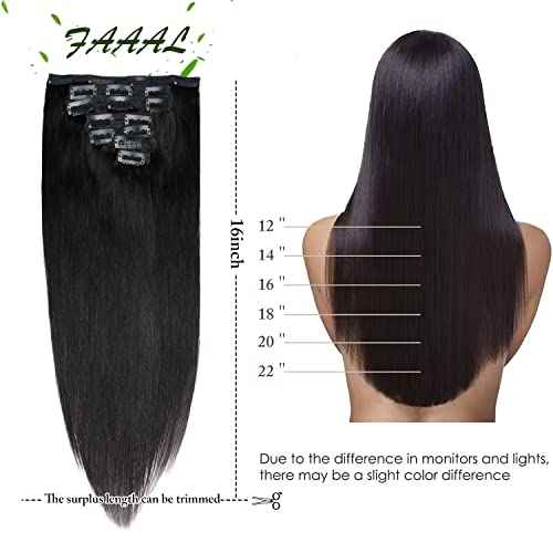 16" Clip in Human Hair Extensions Full Head 130g 7 Pieces 16 Clips 1B# Natural Black Double Weft Brazilian Real Remy Hair Extensions Thick Silky Straight (16", Natural Black)