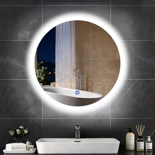 Aurogsky 20” x 20” LED Bathroom Smart Mirror, Round Backlit Vanity with Three Color Temperatures & Memory Function