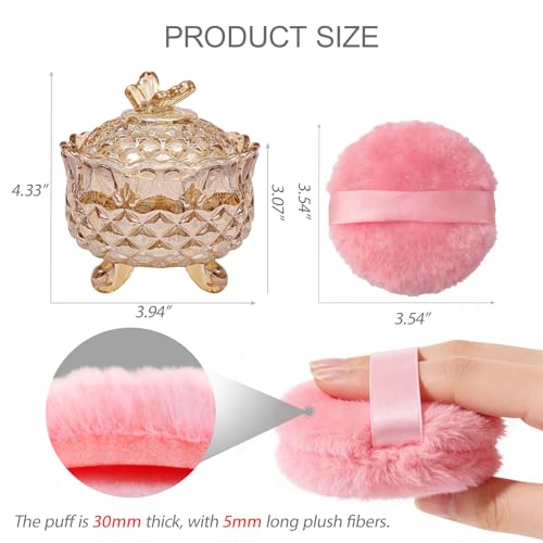 Body Powder Puff and Container set, 3.94" Small Crystal Glass Storage Jars with Dustproof Lid for Loose Powder with Soft Washable Reusable Fluffy Plush Puff (Butterfly-Amber)
