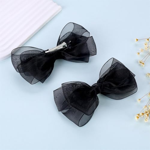 ZOLYCO Large Big 6 Inch Organza Double Hair Bow Clip Party Alligator Mesh Hair Accessories for Women Teens Girls Kids 2 Pcs (Black)