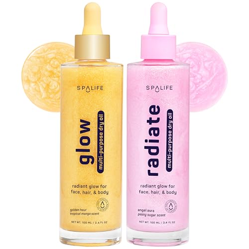 SpaLife Beauty Radiate & Glow Shimmer Oil Bundle ? Dry Oil Duo with Subtle & Noticeable Shimmer ? Mango & Peony Scents ? Hydrating, Lightweight Moisture