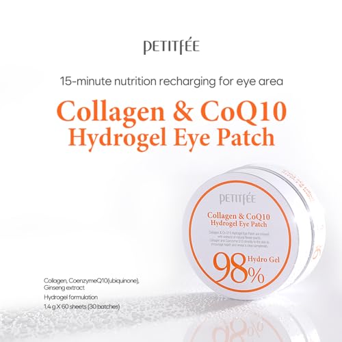 Collagen & CoQ10 Hydrogel Eye Patch 60ea - Collagen Under Eye Mask for Intense Hydration, Skin Elasticity, CoenzymeQ10, Aloe Vera, Green Tea Extract for Puffy Eyes and Dark Circles