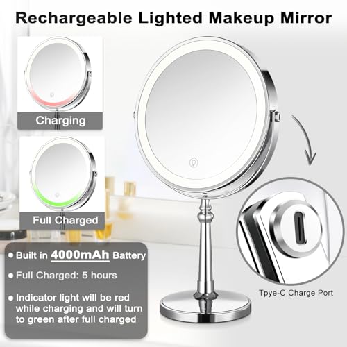 Lighted Makeup Mirror, 9" Rechargeable Vanity Mirror with Lights, Double-Sided 1X/10X Magnification, 3 Color Lights, Brightness Adjustable, 360¡Æ Rotation