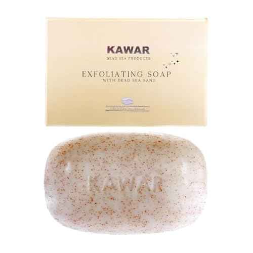 KAWAR Dead Sea Exfoliating Soap with Dead Sea Sand - Salicylic Acid, Magnesium Chloride, Shea Butter, Olive Oil & Tea Tree - Vegan Soap Bar for Men & Women, 4.2 oz