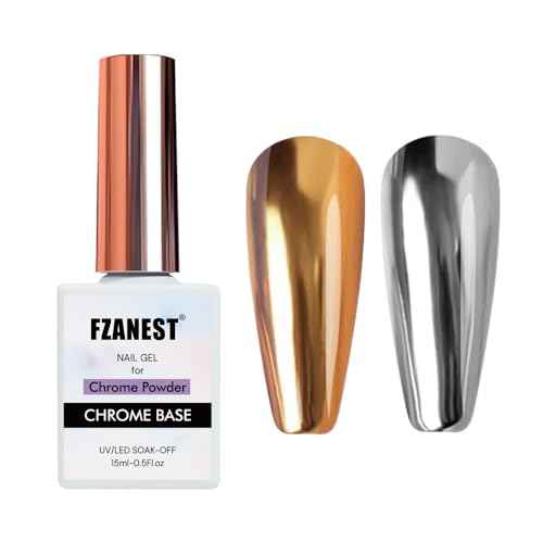 FZANEST Chrome Base Coat Gel Base Top Coat for Chrome Nail Powder 15ml No Wipe Clear Gel Nail Polish High Gloss Mirror Shine Long Lasting Easy Application Soak off DIY Home Salon Art Design