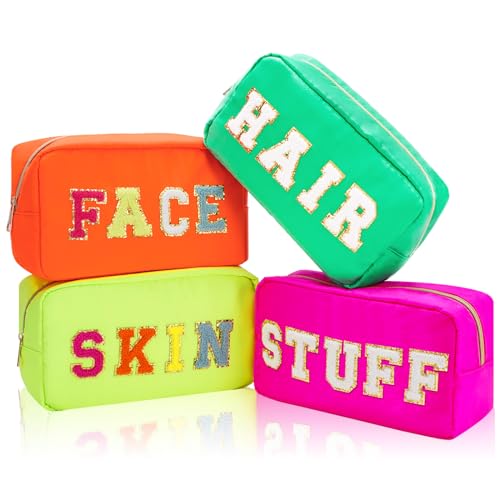 Whaline 4Pcs Preppy Nylon Cosmetic Bag Chenille Letter Makeup Organizer Bag Set Patches Toiletry Cosmetic Case Waterproof Zipper Cosmetic Pouch for Women (Neon Color,Skin,Stuff,Hair,Face)