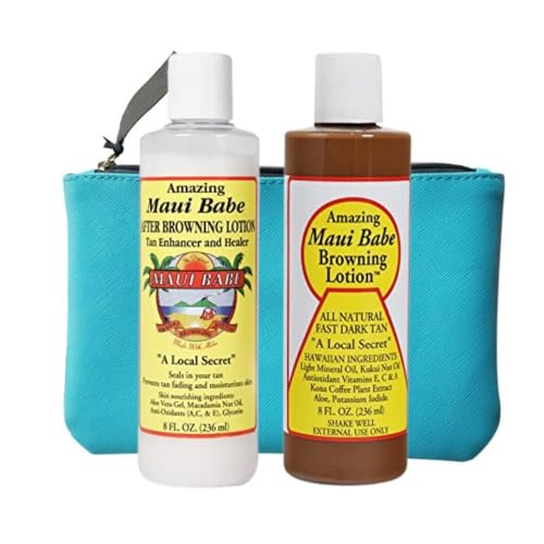 Maui Babe Tanning Lotion Set ? 8oz Browning & After Sun Lotion with Makeup Bag ? Outdoor Sun Tan Enhancer & Moisturizer
