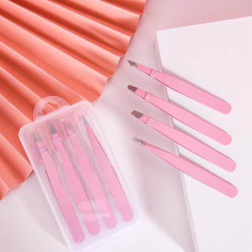 Eyebrow Tweezers for Women with Slanted, Splinter, and Pointed Tips. Professional Tweezers for Women Facial Hair for Eyebrow Care. 4 Piece Pinzas para Cejas Set. (PinkTweezer)