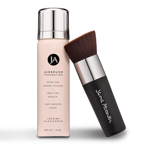 MagicMinerals AirBrush Foundation by Jerome Alexander – 2pc Set with Airbrush Foundation and Kabuki Brush - Spray Makeup with Anti-aging Ingredients for Smooth Radiant Skin - Cognac