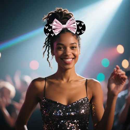 Black Velvet Mouse Ears Headband, Metallic Pink Bow & Crystal Accents for Nightlife & Theme Parks