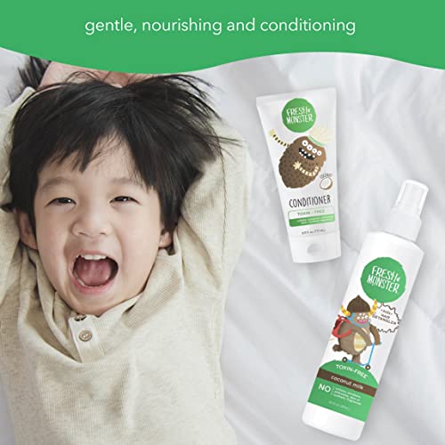 Fresh Monster Kids Hair Detangling Bundle | 8.5 oz Detangler & 6 oz Conditioner | No Toxins | Hypoallergenic | Natural Conditioner | Detangling Spray | Coconut