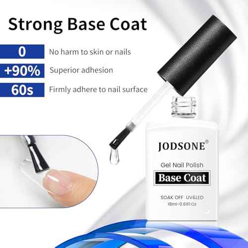 JODSONE 2 Bottles 18ml Top Coat Base Coat Gel Polish Set Compatible for Nail Salon Bright Surface, Girl Gift and At Home DIY Need U V Lamp Curing