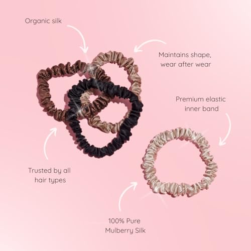 Silkie x4 Set - Chocolate Mulberry Silk Skinny Scrunchies & Travel Pouch - Gentle Hair Ties