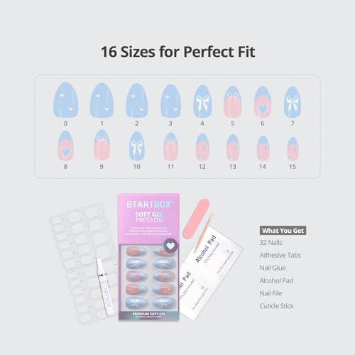 BTArtbox Press On Nails Short Almond Blue French Tips 32Ct