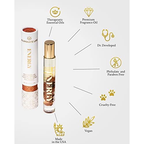 Essential Oil Rollerballs, .34 OZ, Energy - Red Carnelian Crystal Infused - Scents of Lemon, Grapefruit, & Bergamot - Aromatherapy Roll On Oils, Skin Care, Massage