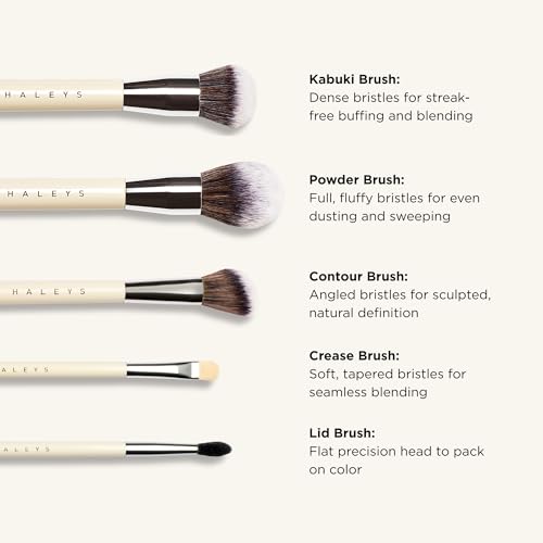 HALEYS Beauty 5-Piece Makeup Brush Set, For Streak Free Application of Liquid, Cream or Powder, Set Includes Kabuki, Powder, Contour, Crease & Lid, Make Up Bag Essentials, Vegan, Gift for Women