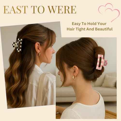 LuSeren 4 Pack 3 Inch colorful Hair Claw Clips for Women, Medium Rectangle Acetate Jaw Clips in Black, Pink,Green, Blue, Stylish Checkered Hair Accessories for Girls