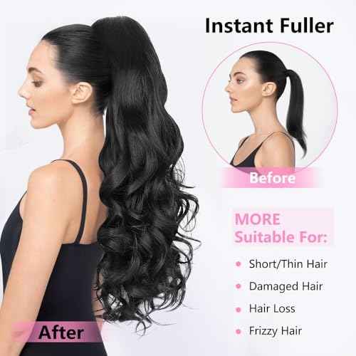 ALXNAN Ponytail Extension,24 Inch Claw Clip in Long Curly Wavy Black Ponytail Hair Extension Jaw Clip on Pony Tails Hairpiece for Women