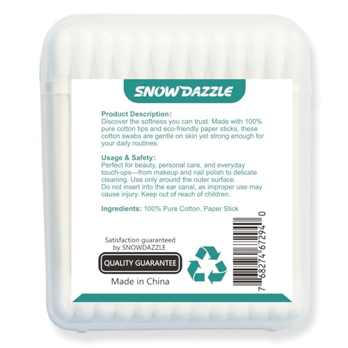 SNOWDAZZLE Pure Cotton Swabs 50 Count - Travel Size Paper Sticks