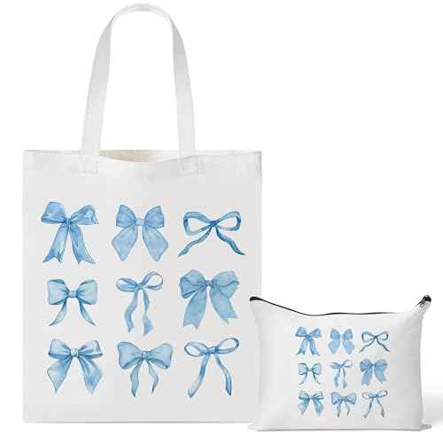 Y1tvei Blue Bows Canvas Bags - 2Pcs Cute Blue Coquette Aesthetic Tote Bag with Inner Pocket, Reusable Grocery Folding Shopping Bag, Bow Knot Zipper Makeup Pouch Gifts for Women Girls Daughter Mother