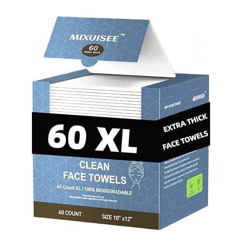 Disposable face towel,MIXUISEE thick and soft face towels,100% cotton face towels, facial towels 150% thickness. Increased size: 12 "x10", Makeup removal and cleaning (Extra thick 60 PCS)