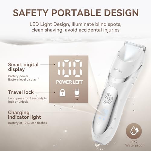 ANLAN Women's Electric Shaver Waterproof IPX6, Rechargeable Bikini Trimmer with LED Display, 0mm Comb for Legs Underarms Sensitive Skin (White Silver)