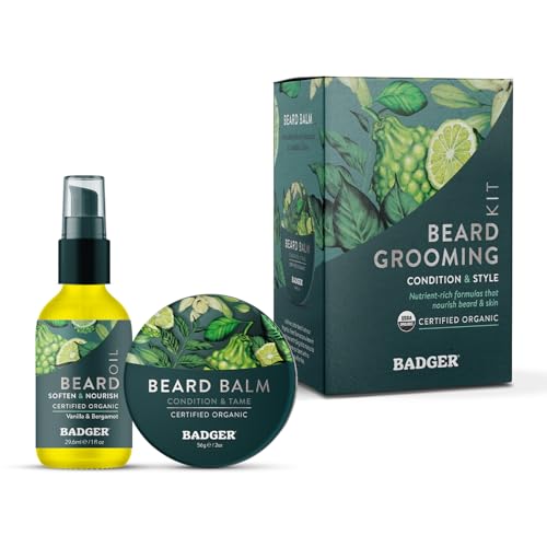 Badger Beard Grooming Kit, Organic Beard Oil Bottle + Organic Beard Balm Tin, Subtle Masculine Scent, Organic Mens Beard Care for Healthy Beard Growth, 2-Pack