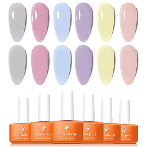 TONITU G · Gel Nail Polish Set 6 Colors Gel Polish Kit, Light Grey Soft Pink Pastel Blue Lavender Pale Yellow Blush Nail Art Design Soak Off LED at Manicure DIY Home Salon Gifts for Women Girls