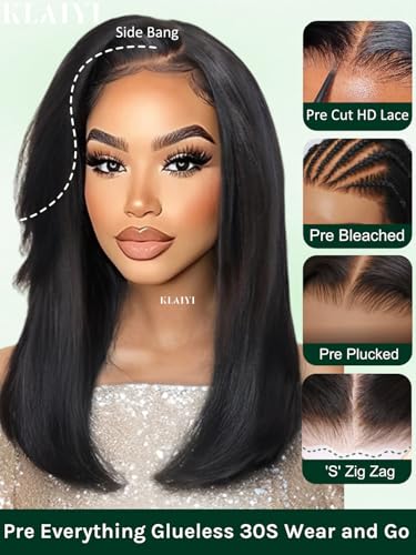 KLAIYI Yaki Straight Bob Wig 16" Glueless Human Hair Lace Front
