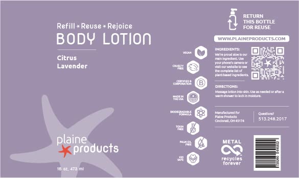 Plaine Products Eco-Friendly Body Lotion: Citrus Lavender, 16 oz (Refill without Pump)