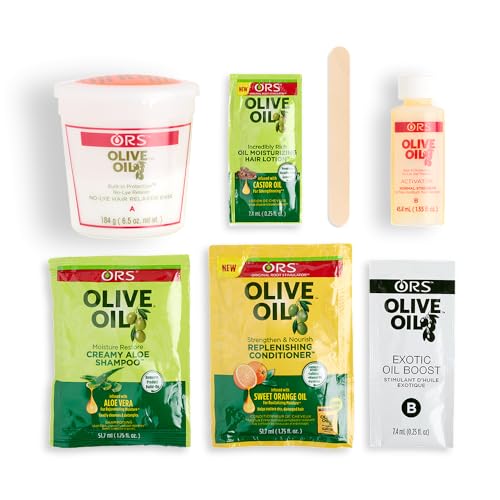 ORS Olive Oil Built-In Protection Full Application No-Lye Hair Relaxer - Normal, Moisture Restore Creamy Aloe Shampoo, Strengthen & Nourish Replenishing Conditioner - Bundle