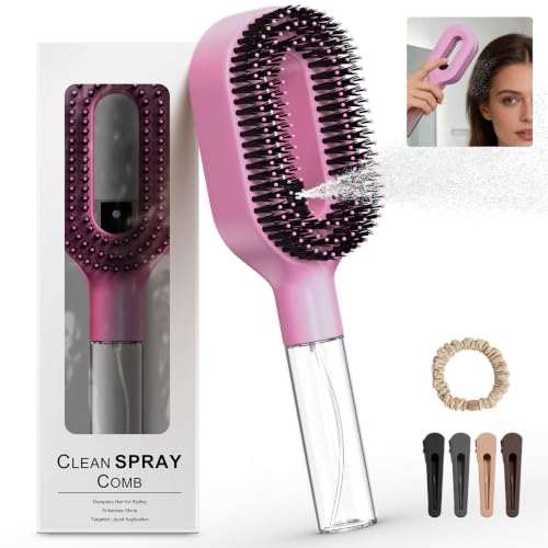 Pink 2-in-1 Portable Misting Hair Brush for All Hair Types - Anti-Frizz Detangler