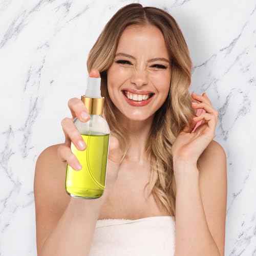 Fumete 2 Pack Glass Bottles 4oz Empty Refillable Liquid Containers with 1 Label 1 Funnel for Essential Oils Hair Travel Plants Cleaning Skin Care(Clear, Golden Top,Mist Bottle)