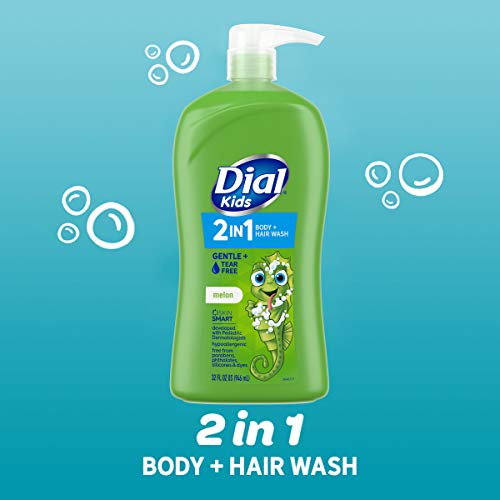 Dial Kids All-in-1 Body Wash + Hair + Bubble Bath, Melon Scent, 32 Fl Oz, Hypoallergenic Body Wash & Shampoo, No Tears Formula for Kids 2+ Years, No Parabens & Silicones (Pack of 2)