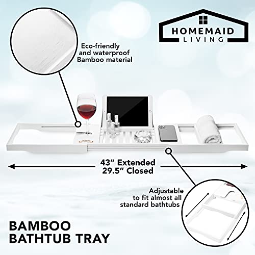 Homemaid Living Luxury Bamboo Bath Tray for Bathtub - Expandable Bathroom Caddy with Reading Rack or Tablet Holder, Premium Bath Tray with Wine Glass Holder, Fits All Bathtubs (White)
