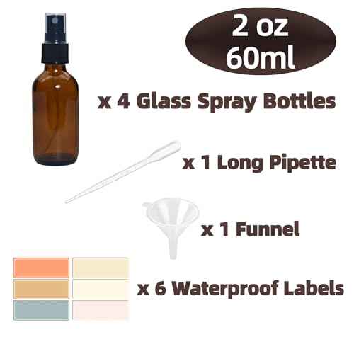 4 PACK 2 oz Amber Small Glass Spray Bottles, Empty Spray Bottle for Hair, Plants, Perfume - Fine Mist, 2oz Mini Spray Bottle
