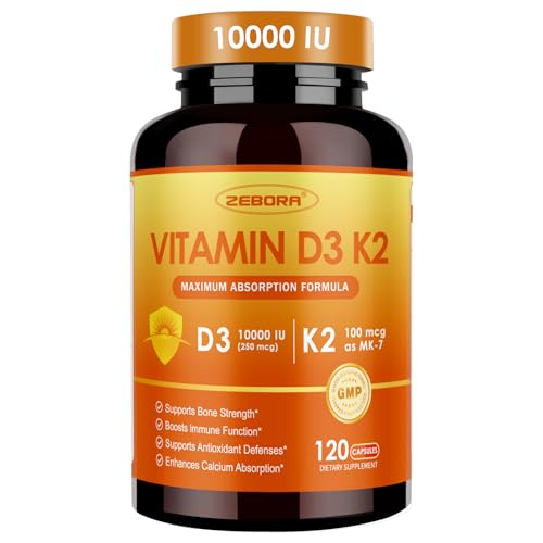 ZEBORA Vitamin D3 K2 10,000 IU & 100mg K2 - Immune & Bone Support Capsules