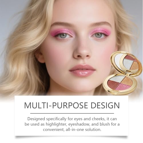 Viviyoo 4-Color Highlighter & Blush Palette with Mirror - Long-Lasting Shimmer Eyeshadow Makeup Kit, Travel Size Gold