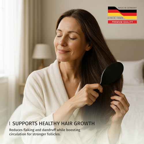 SHASH 100% First Cut Boar Bristle Hair Brush, Suitable For Thin To Normal Hair - Naturally Conditions Hair, Improves Texture, Exfoliates, Stimulates, Made in Germany (Black, Large)