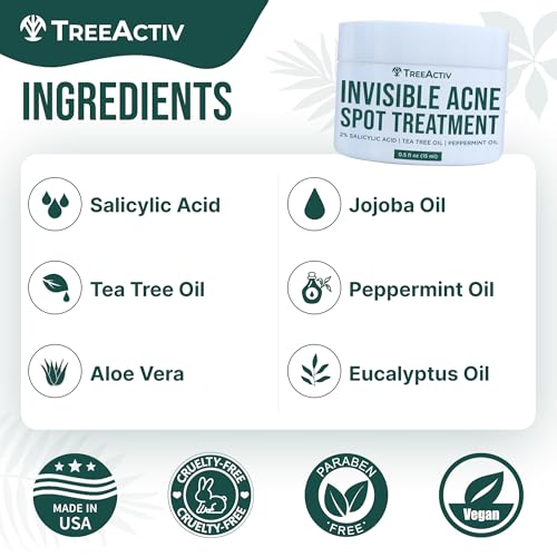 TreeActiv Invisible Salicylic Acid Spot Cream, Original Formula Lightweight Face & Body Cream for Acne-Prone Skin, Daily Use for Teens & Adults, Clear-Drying, Gentle Formula, 0.5 fl oz