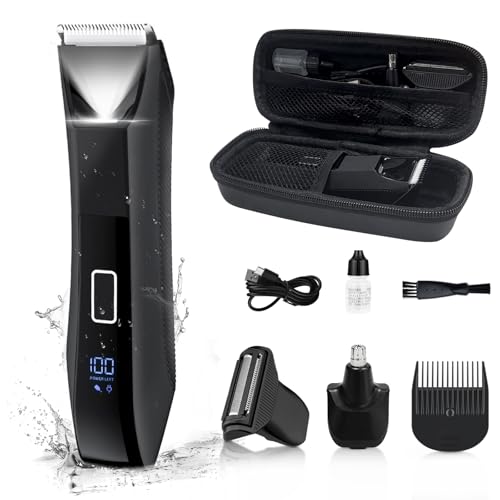 Body Trimmer for Men, Groin & Body Hair Trimmer, Ball Foil Shaver, Nose Hair Clippers, 3 in 1 Men's Waterproof Wet/Dry Groomer with Travel Case &Travel Lock, LED Display, Black