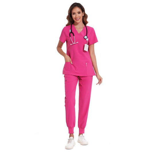 COZYFIT Scrubs for Women Set - Stretch V-Neck Scrub Top & Jogger Pant with 8 Pockets, Yoga Waistband, Anti Wrinkle, Slim Fit Women Scrubs - Hot Pink, XS